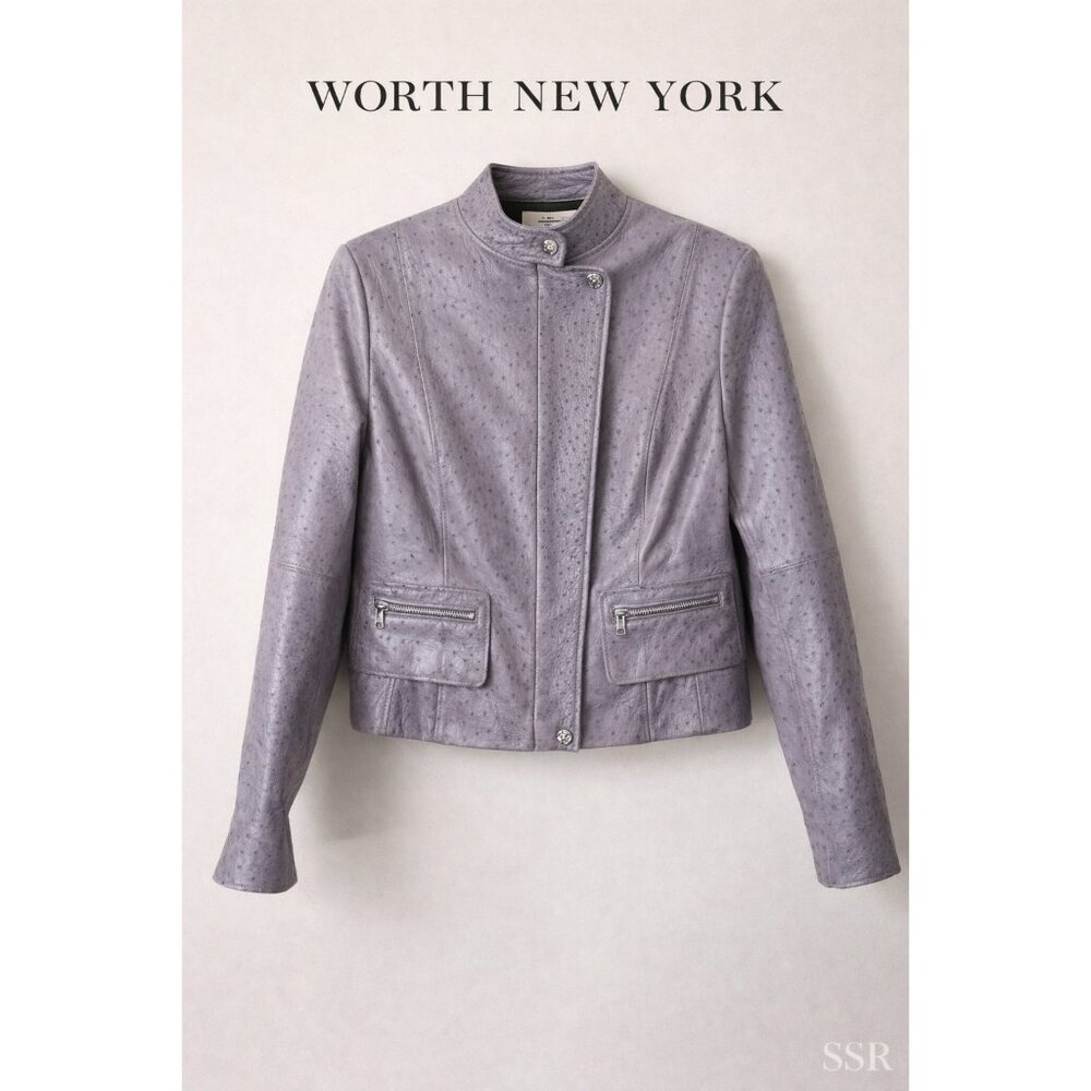 Worth New York Lavender Ostrich Leather Moto Jacket 36 Bust Textured Zip